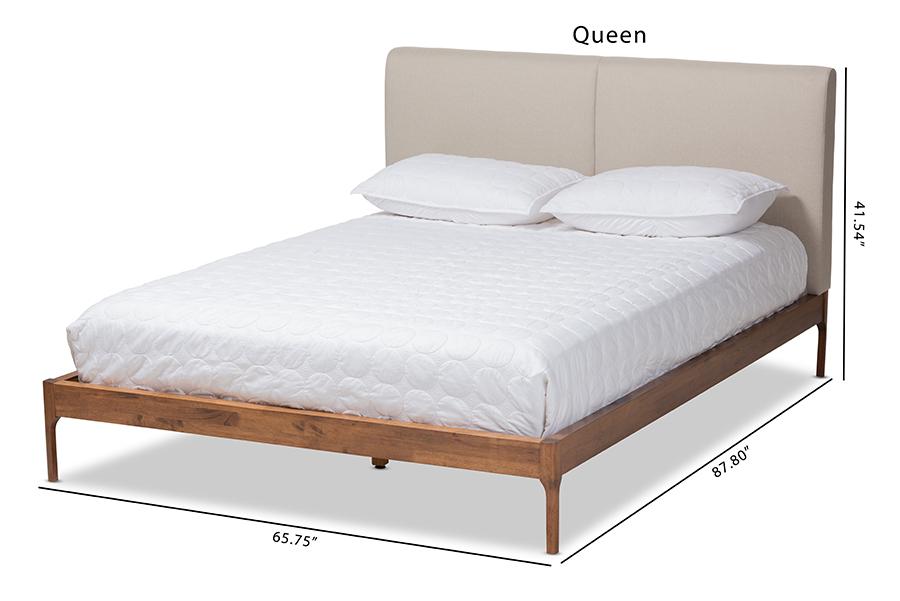 Baxton Studio Aveneil Mid-Century Modern Beige Fabric Upholstered Walnut Finished Full Size Platform Bed