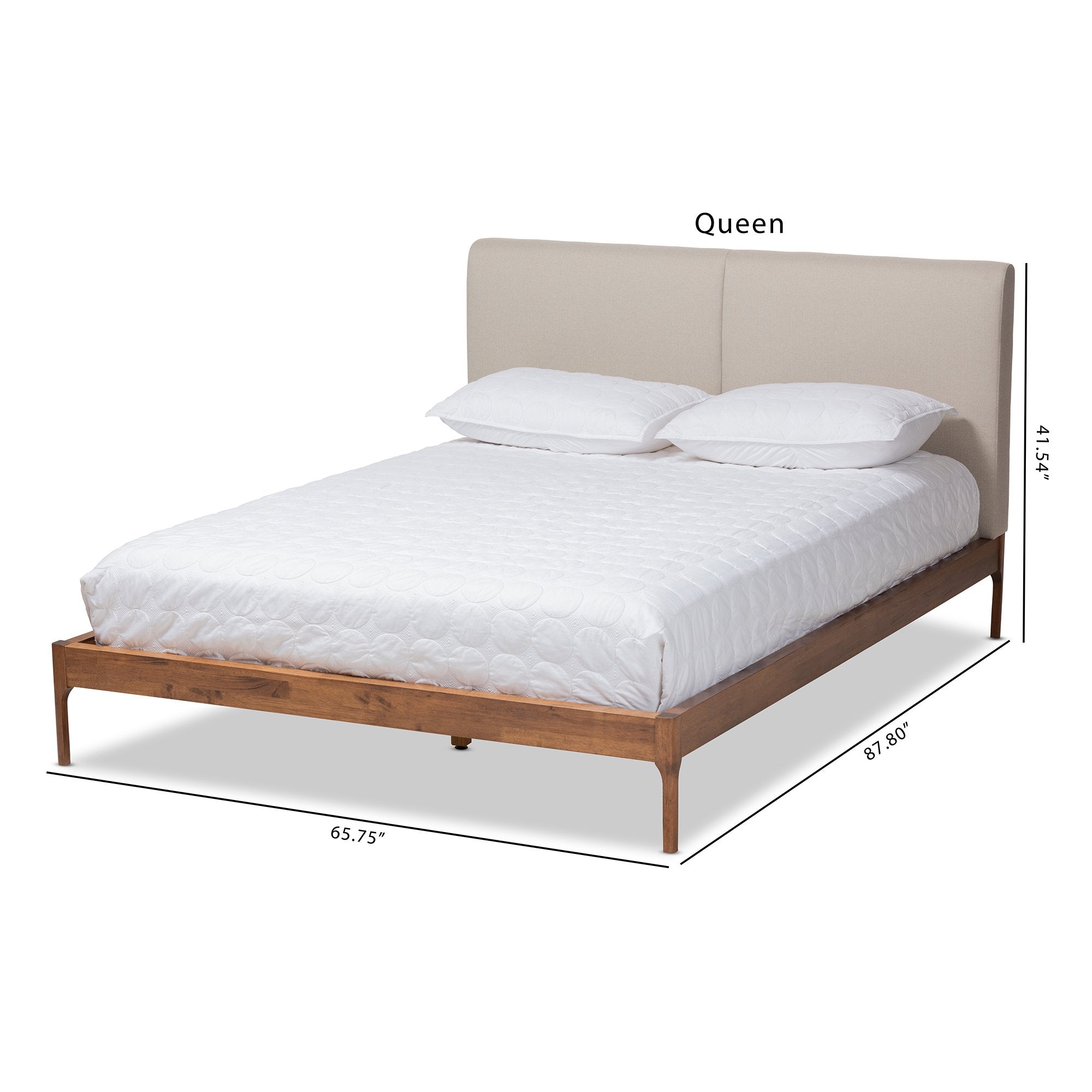 Baxton Studio Aveneil Mid-Century Modern Beige Fabric Upholstered Walnut Finished Queen Size Platform Bed