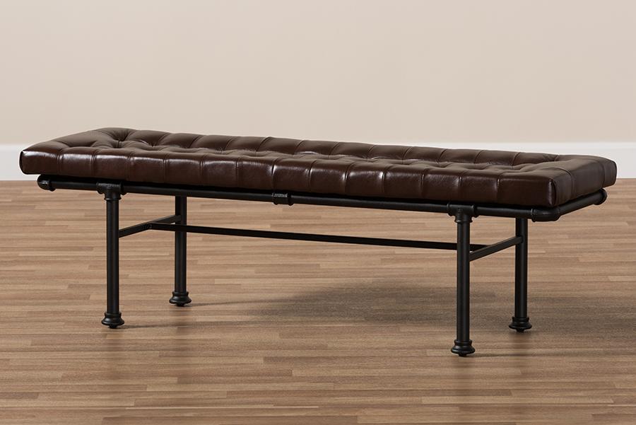 Baxton Studio Zelie Rustic and Industrial Brown Faux Leather Upholstered Bench