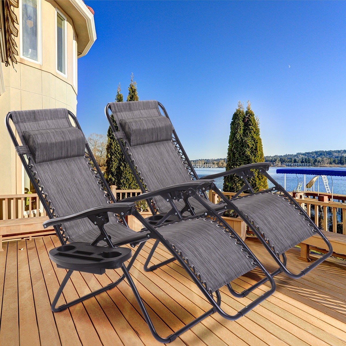 Sit & Sip Patio Set Combo | Pair of Zero Impact Pool Patio Lounge Chairs with Dual Function Ice Cold Beverage Cooler Side Table