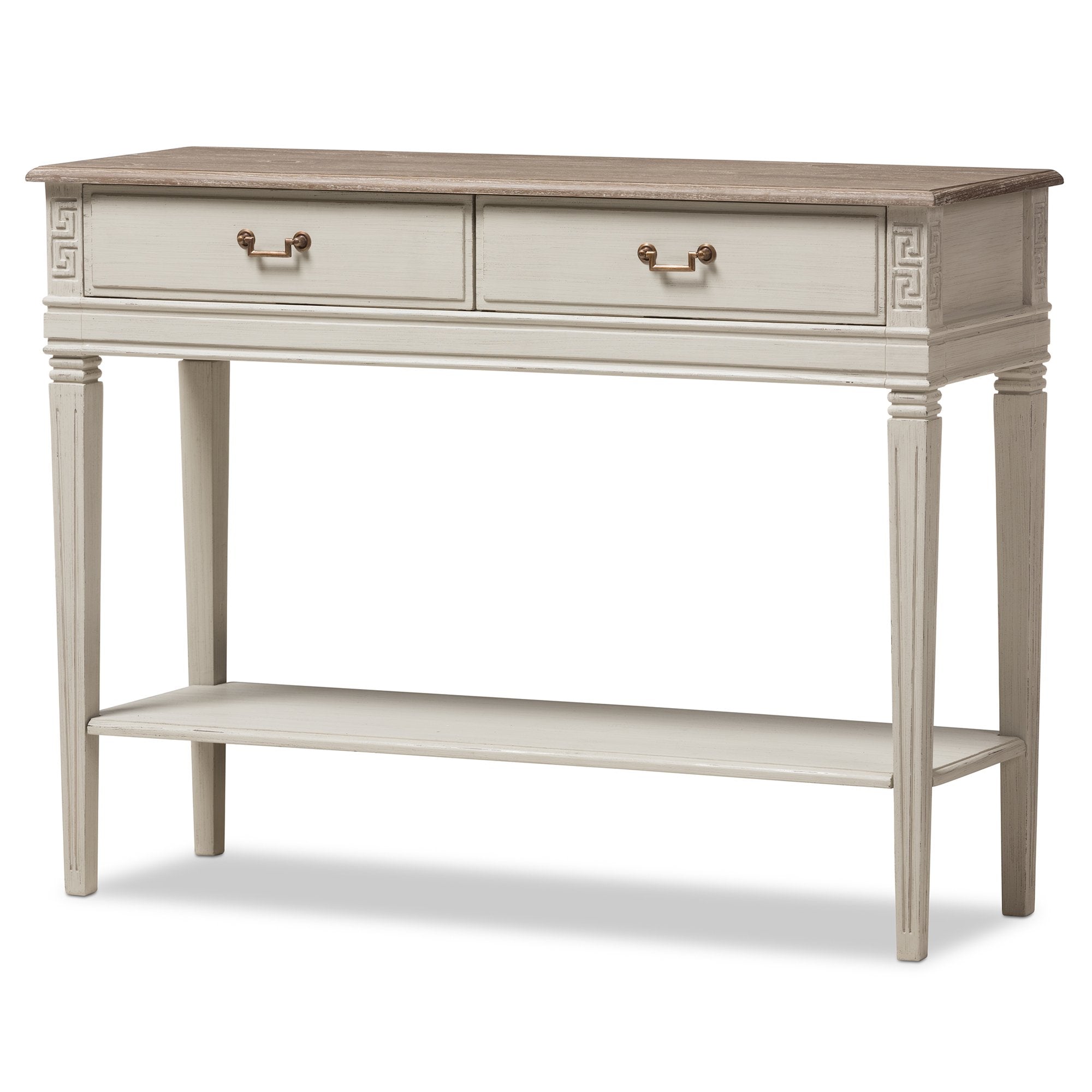 Baxton Studio Arte French Provincial Style Weathered Oak and White Wash Distressed Finish Wood Two-Tone 2-Drawer 1-Shelf Console Table