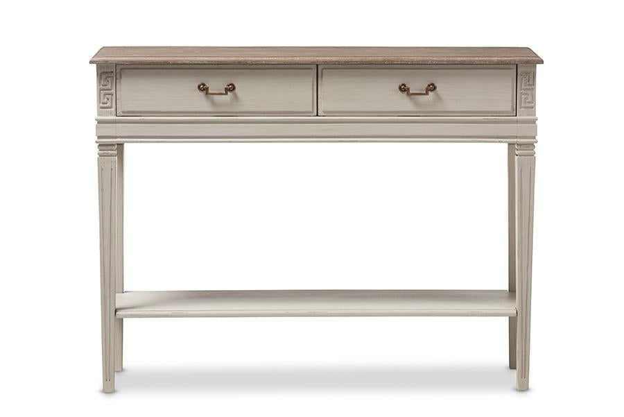 Baxton Studio Arte French Provincial Style Weathered Oak and White Wash Distressed Finish Wood Two-Tone 2-Drawer 1-Shelf Console Table