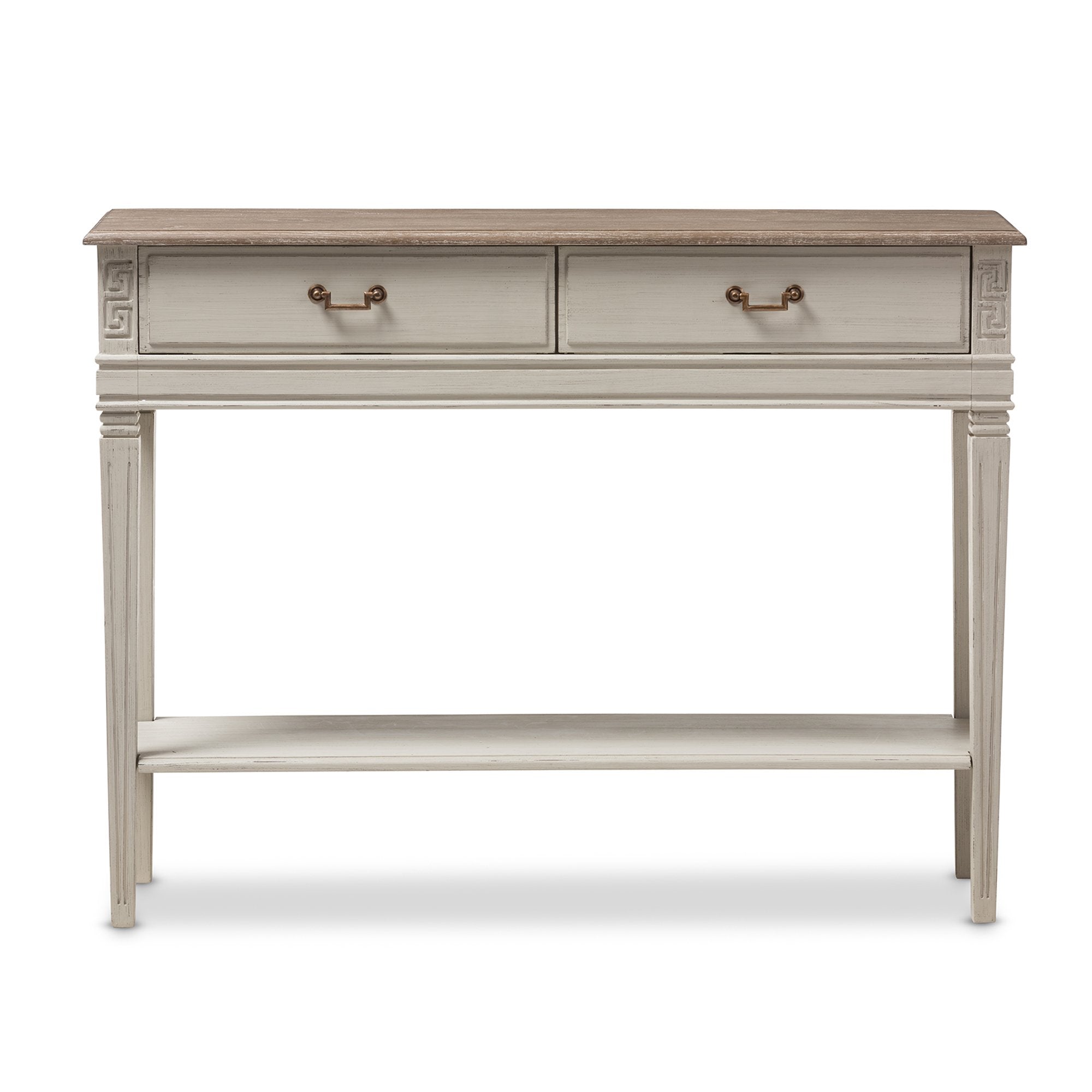 Baxton Studio Arte French Provincial Style Weathered Oak and White Wash Distressed Finish Wood Two-Tone 2-Drawer 1-Shelf Console Table