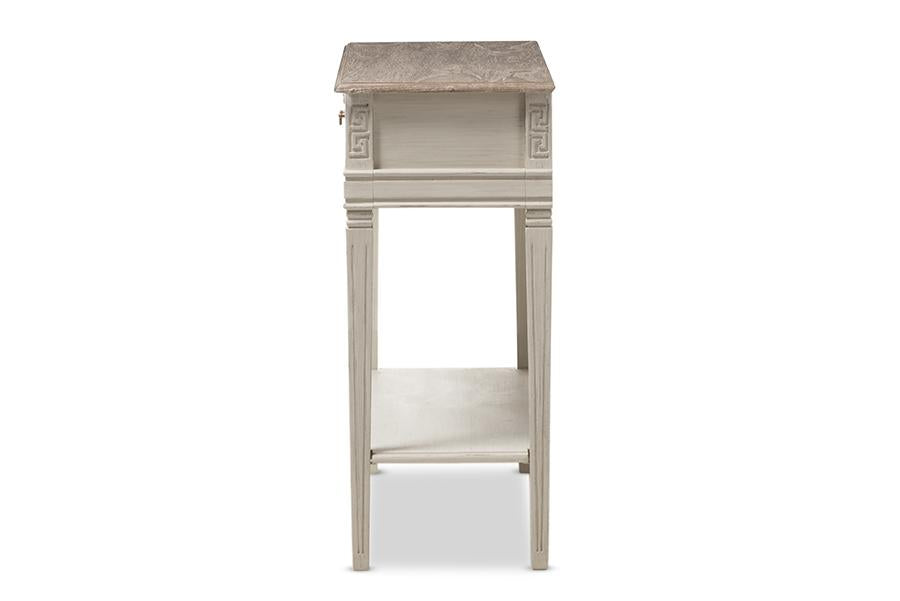 Baxton Studio Arte French Provincial Style Weathered Oak and White Wash Distressed Finish Wood Two-Tone 2-Drawer 1-Shelf Console Table