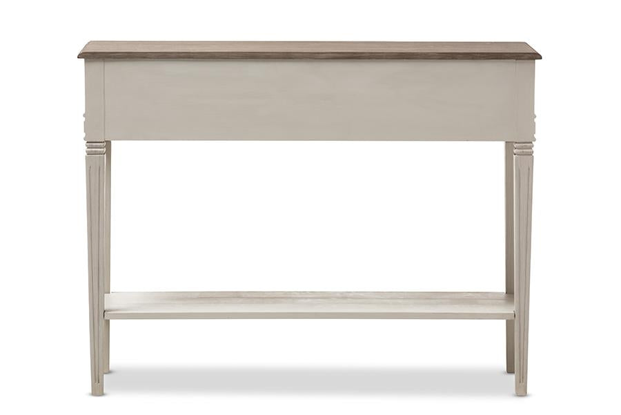 Baxton Studio Arte French Provincial Style Weathered Oak and White Wash Distressed Finish Wood Two-Tone 2-Drawer 1-Shelf Console Table