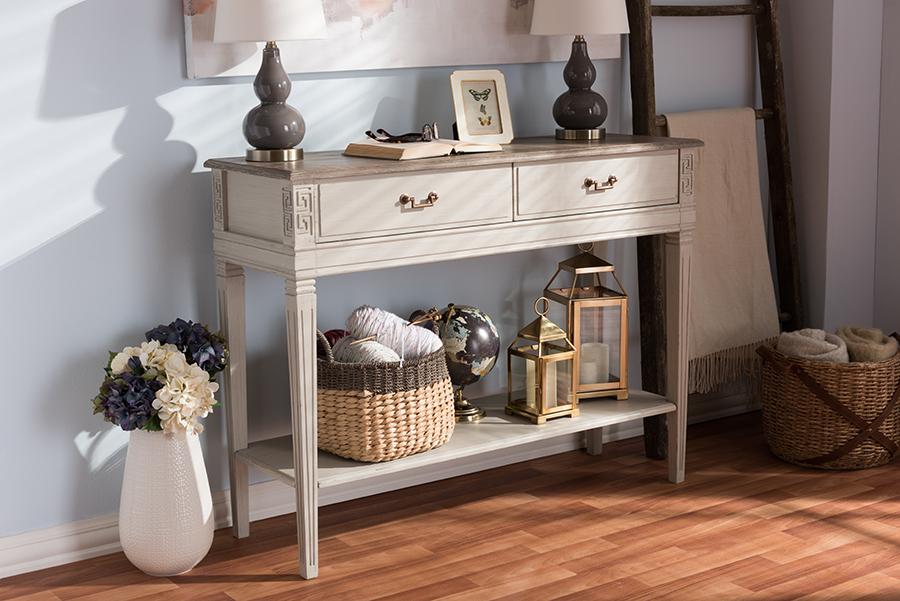 Baxton Studio Arte French Provincial Style Weathered Oak and White Wash Distressed Finish Wood Two-Tone 2-Drawer 1-Shelf Console Table