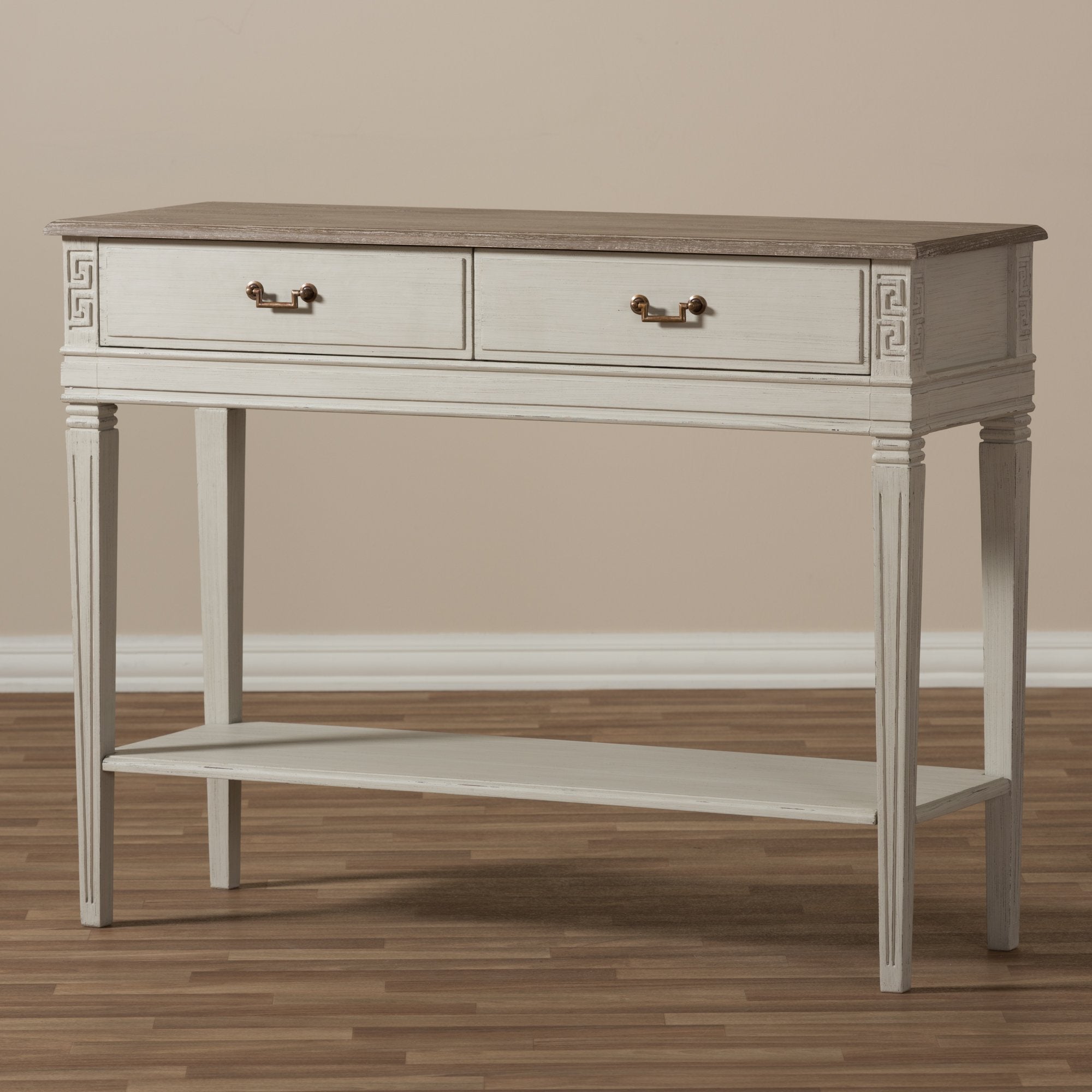 Baxton Studio Arte French Provincial Style Weathered Oak and White Wash Distressed Finish Wood Two-Tone 2-Drawer 1-Shelf Console Table