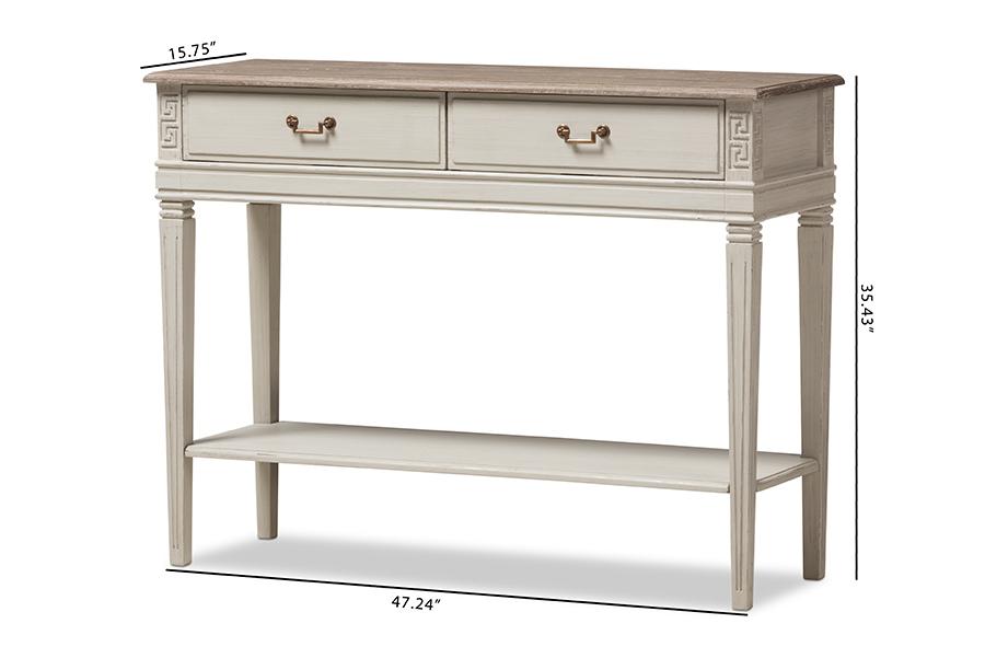 Baxton Studio Arte French Provincial Style Weathered Oak and White Wash Distressed Finish Wood Two-Tone 2-Drawer 1-Shelf Console Table