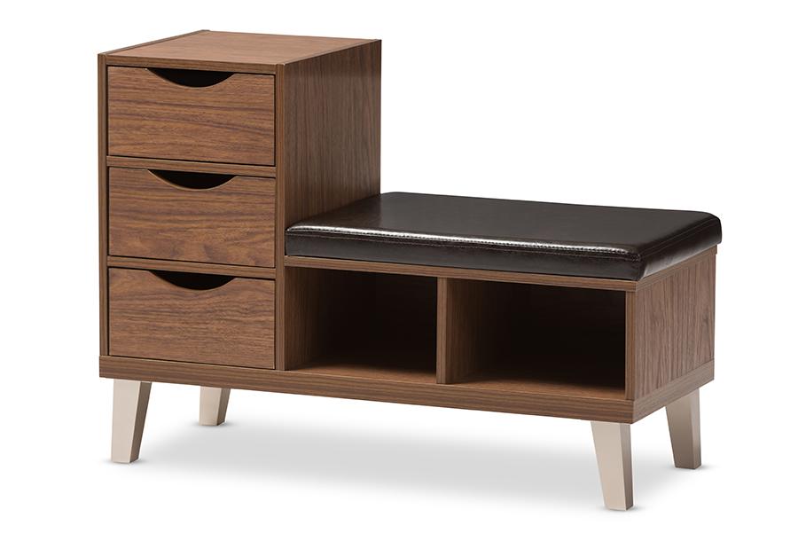 Baxton Studio Arielle Modern and Contemporary Walnut Brown Wood 3-Drawer Shoe Storage Padded Leatherette Seating Bench with Two Open Shelves