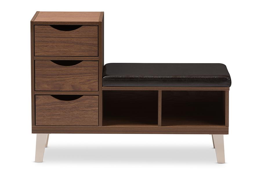 Baxton Studio Arielle Modern and Contemporary Walnut Brown Wood 3-Drawer Shoe Storage Padded Leatherette Seating Bench with Two Open Shelves