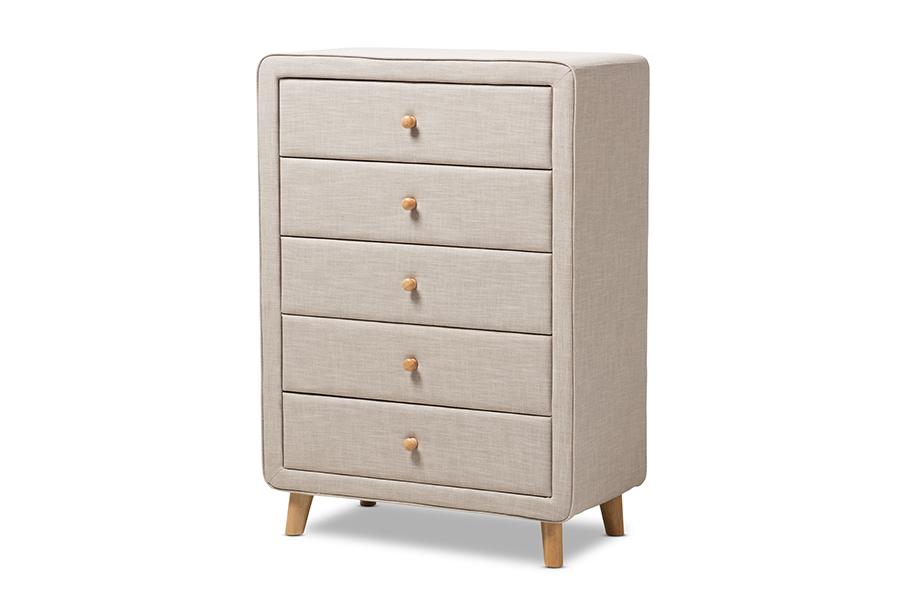 Baxton Studio Jonesy Mid-Century Beige Linen Upholstered 5-Drawer Chest