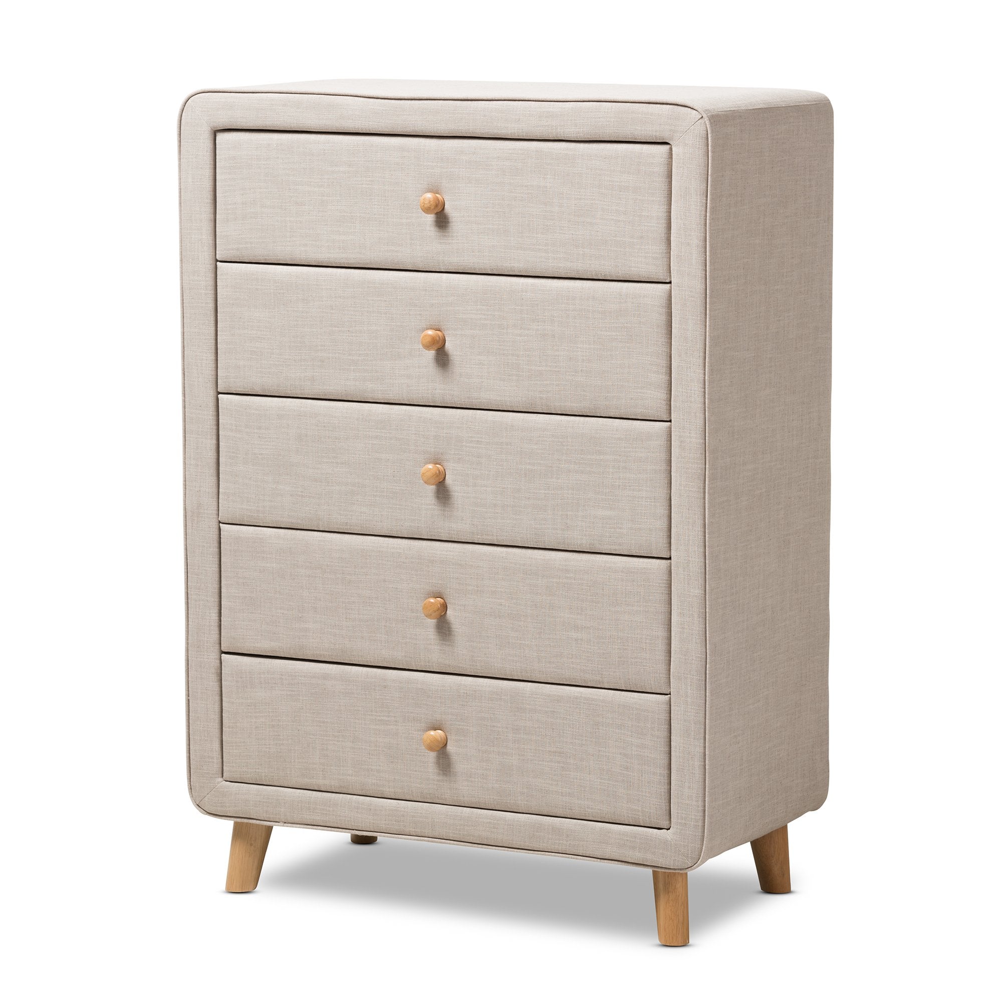 Baxton Studio Jonesy Mid-Century Beige Linen Upholstered 5-Drawer Chest