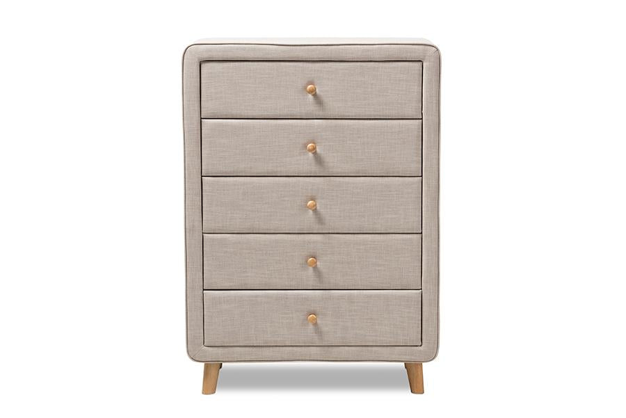 Baxton Studio Jonesy Mid-Century Beige Linen Upholstered 5-Drawer Chest