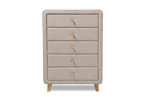 Baxton Studio Jonesy Mid-Century Beige Linen Upholstered 5-Drawer Chest