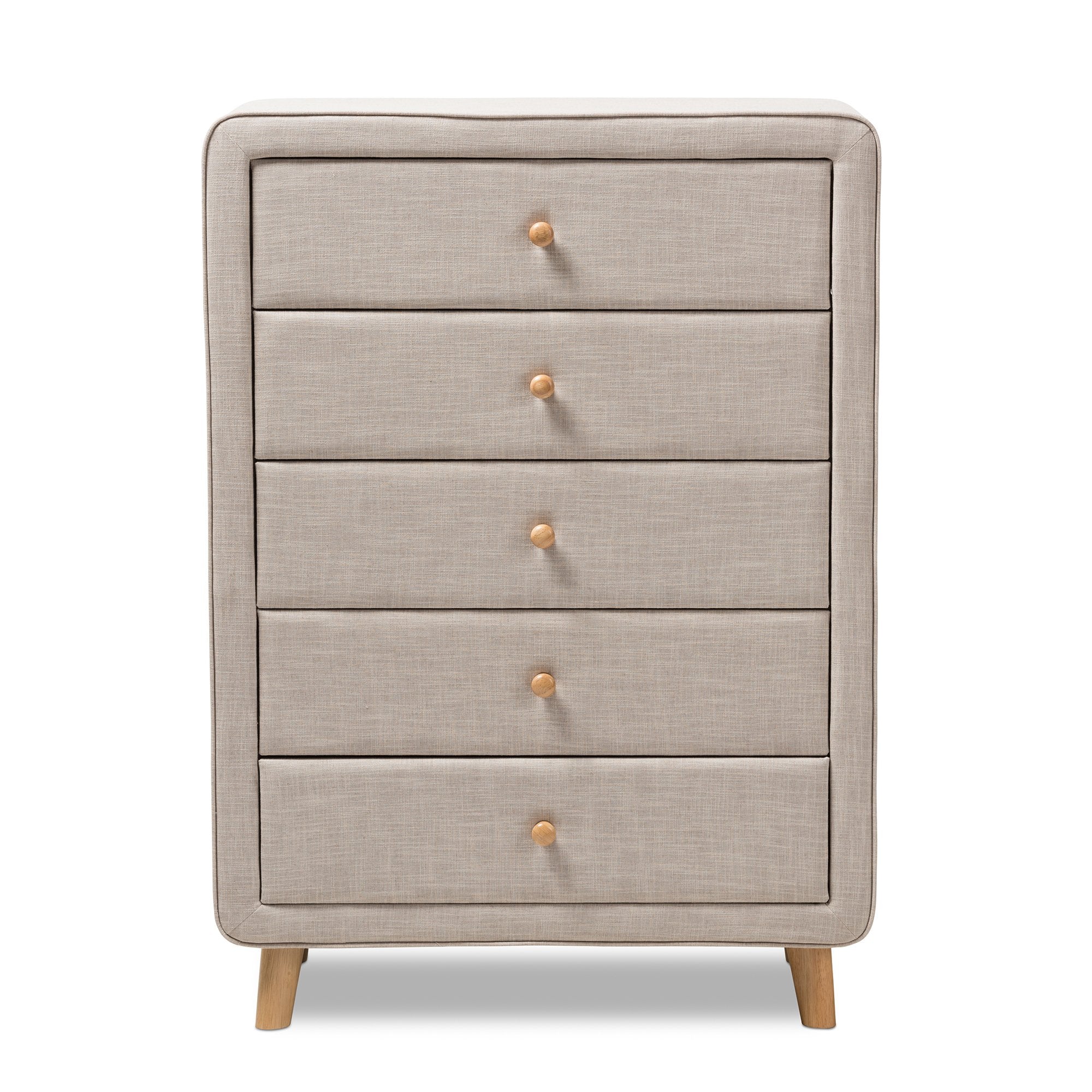 Baxton Studio Jonesy Mid-Century Beige Linen Upholstered 5-Drawer Chest