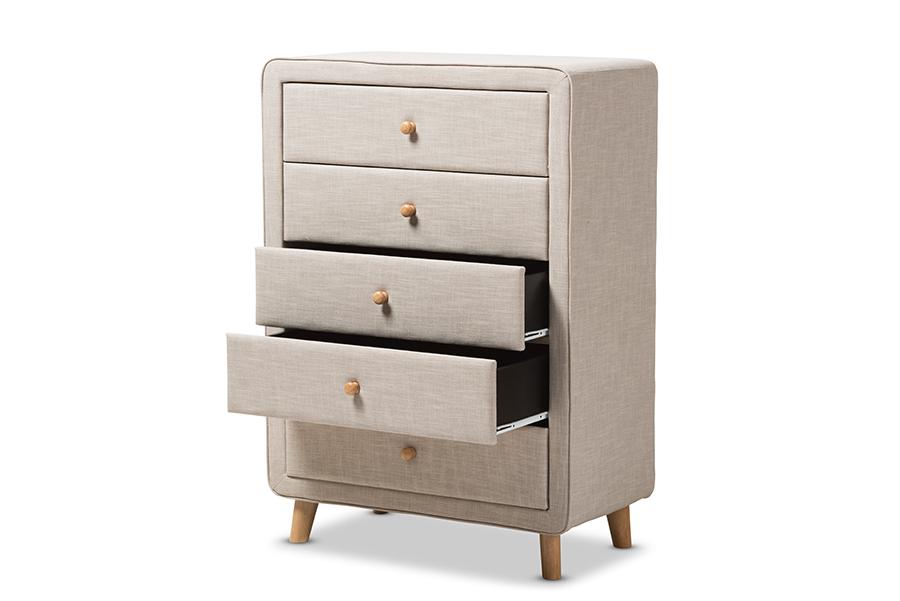 Baxton Studio Jonesy Mid-Century Beige Linen Upholstered 5-Drawer Chest