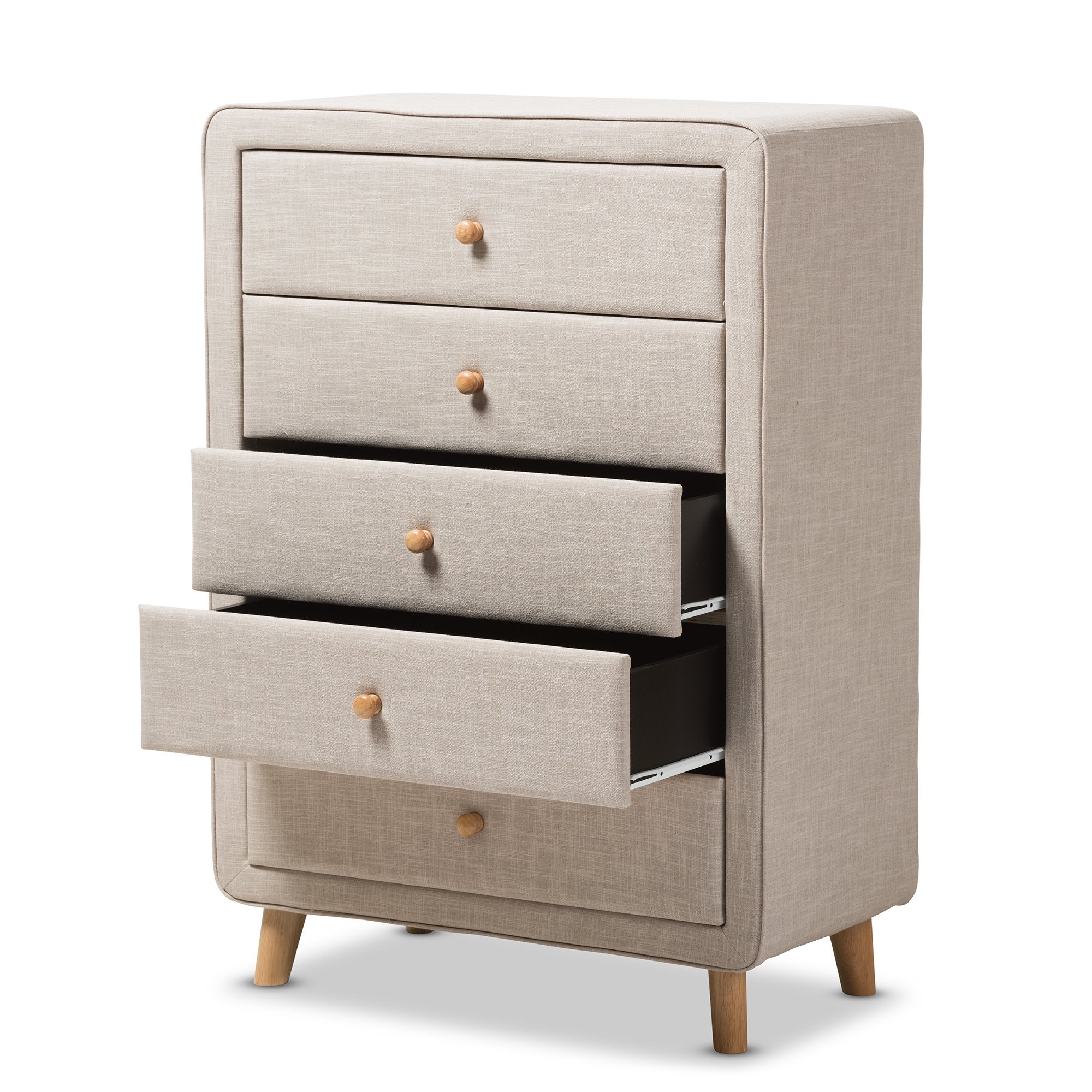 Baxton Studio Jonesy Mid-Century Beige Linen Upholstered 5-Drawer Chest