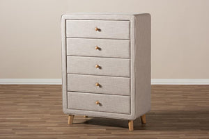 Baxton Studio Jonesy Mid-Century Beige Linen Upholstered 5-Drawer Chest