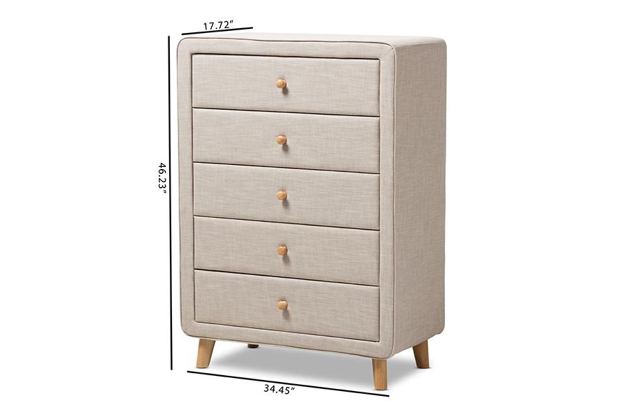 Baxton Studio Jonesy Mid-Century Beige Linen Upholstered 5-Drawer Chest