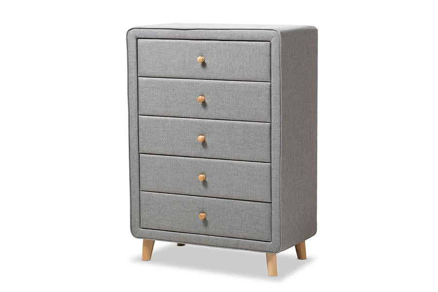 Baxton Studio Jonesy Mid-Century Grey Fabric Upholstered 5-Drawer Chest