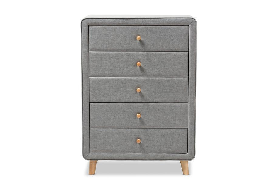 Baxton Studio Jonesy Mid-Century Grey Fabric Upholstered 5-Drawer Chest