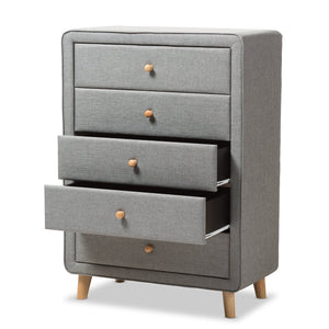 Baxton Studio Jonesy Mid-Century Grey Fabric Upholstered 5-Drawer Chest