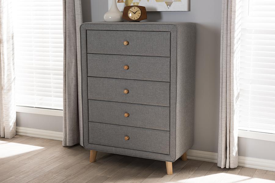 Baxton Studio Jonesy Mid-Century Grey Fabric Upholstered 5-Drawer Chest