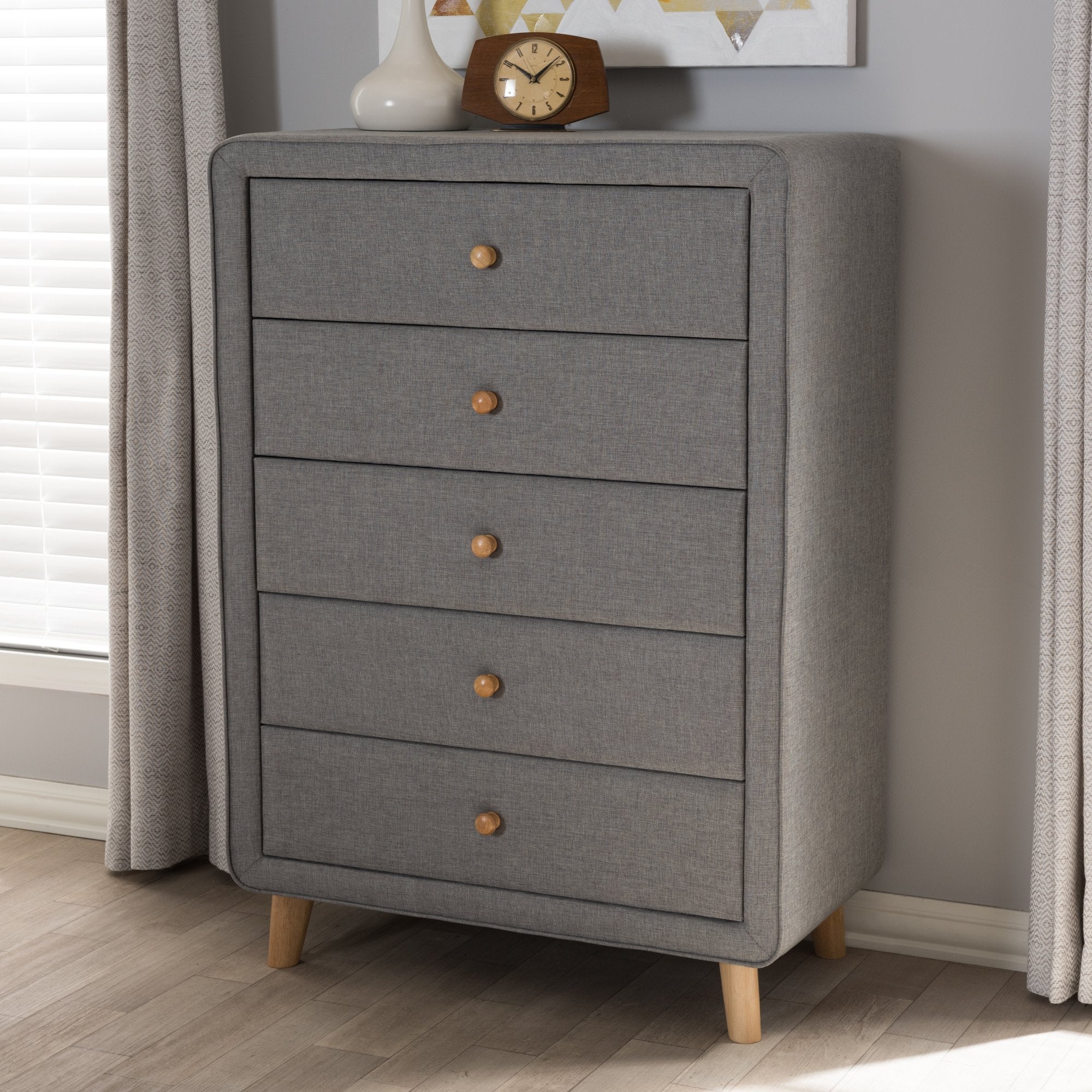 Baxton Studio Jonesy Mid-Century Grey Fabric Upholstered 5-Drawer Chest