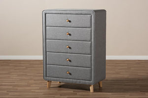 Baxton Studio Jonesy Mid-Century Grey Fabric Upholstered 5-Drawer Chest