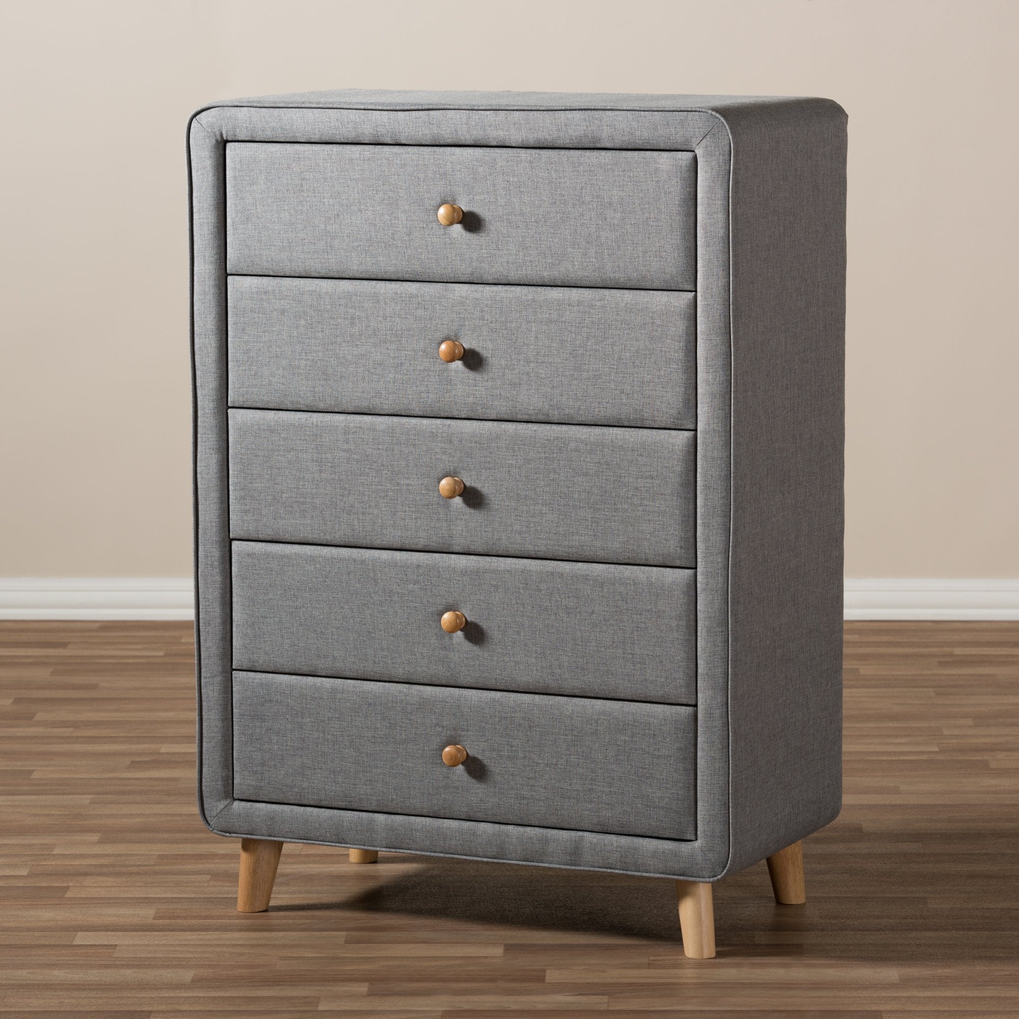 Baxton Studio Jonesy Mid-Century Grey Fabric Upholstered 5-Drawer Chest