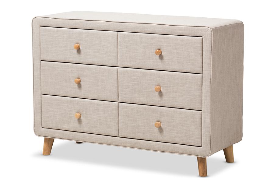 Baxton Studio Jonesy Mid-Century Beige Linen Upholstered 6-Drawer Dresser