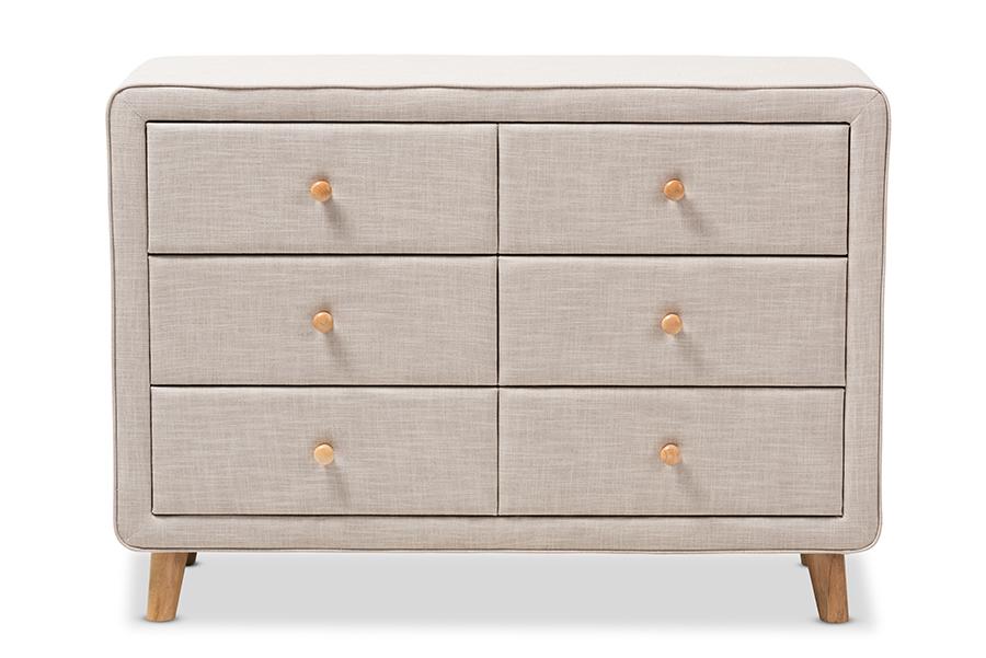 Baxton Studio Jonesy Mid-Century Beige Linen Upholstered 6-Drawer Dresser