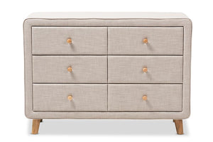 Baxton Studio Jonesy Mid-Century Beige Linen Upholstered 6-Drawer Dresser