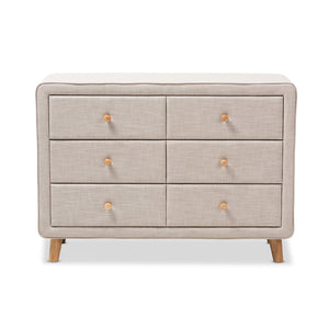 Baxton Studio Jonesy Mid-Century Beige Linen Upholstered 6-Drawer Dresser