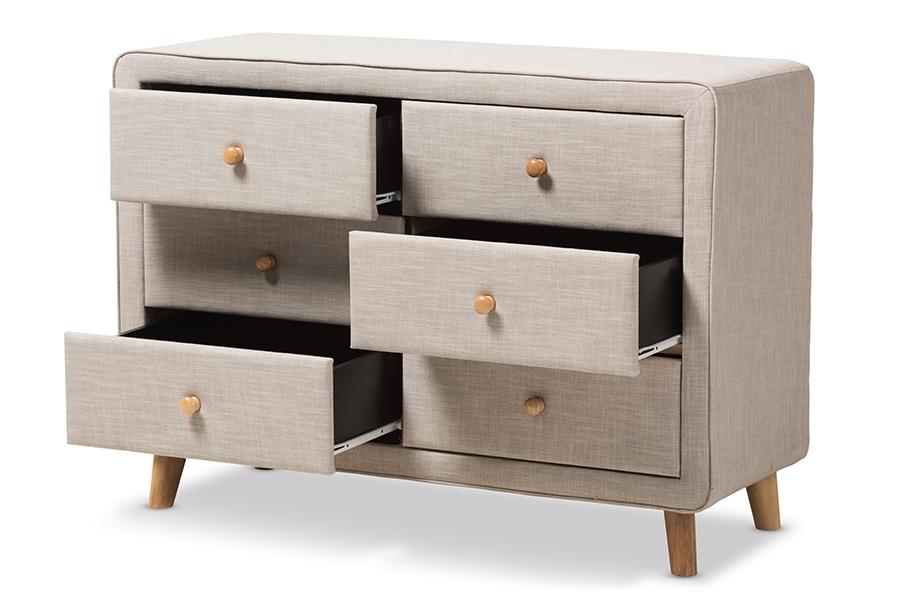 Baxton Studio Jonesy Mid-Century Beige Linen Upholstered 6-Drawer Dresser