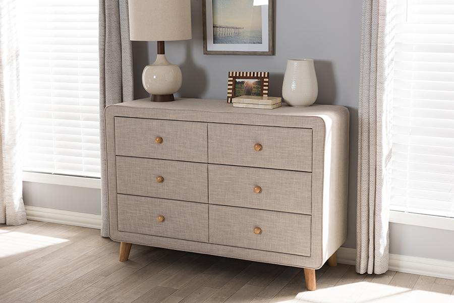 Baxton Studio Jonesy Mid-Century Beige Linen Upholstered 6-Drawer Dresser