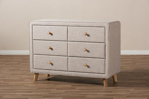 Baxton Studio Jonesy Mid-Century Beige Linen Upholstered 6-Drawer Dresser