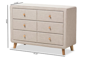 Baxton Studio Jonesy Mid-Century Beige Linen Upholstered 6-Drawer Dresser