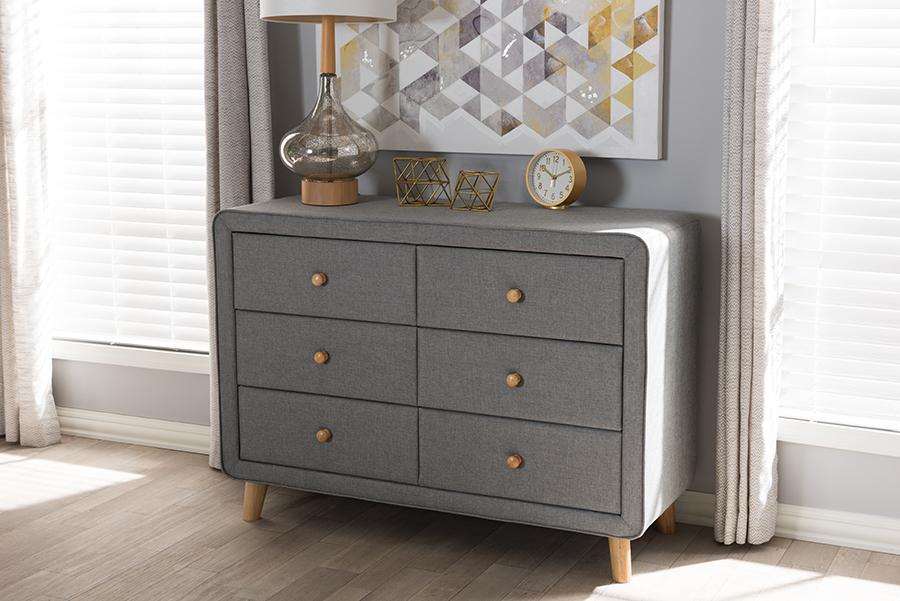 Baxton Studio Jonesy Mid-Century Grey Fabric Upholstered 6-Drawer Dresser