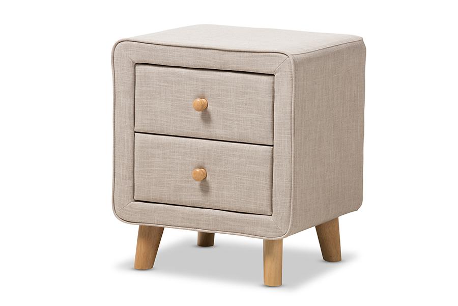 Baxton Studio Jonesy Mid-Century Beige Linen Upholstered 2-Drawer Nightstand