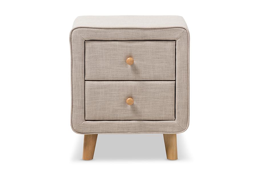 Baxton Studio Jonesy Mid-Century Beige Linen Upholstered 2-Drawer Nightstand