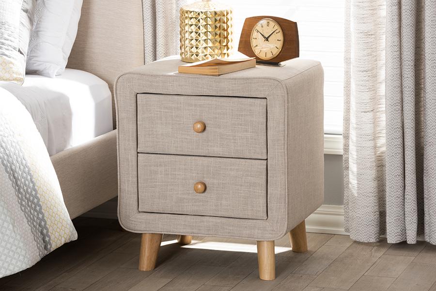 Baxton Studio Jonesy Mid-Century Beige Linen Upholstered 2-Drawer Nightstand