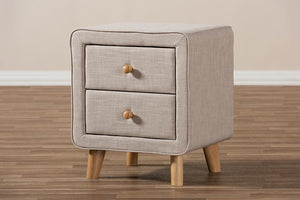 Baxton Studio Jonesy Mid-Century Beige Linen Upholstered 2-Drawer Nightstand