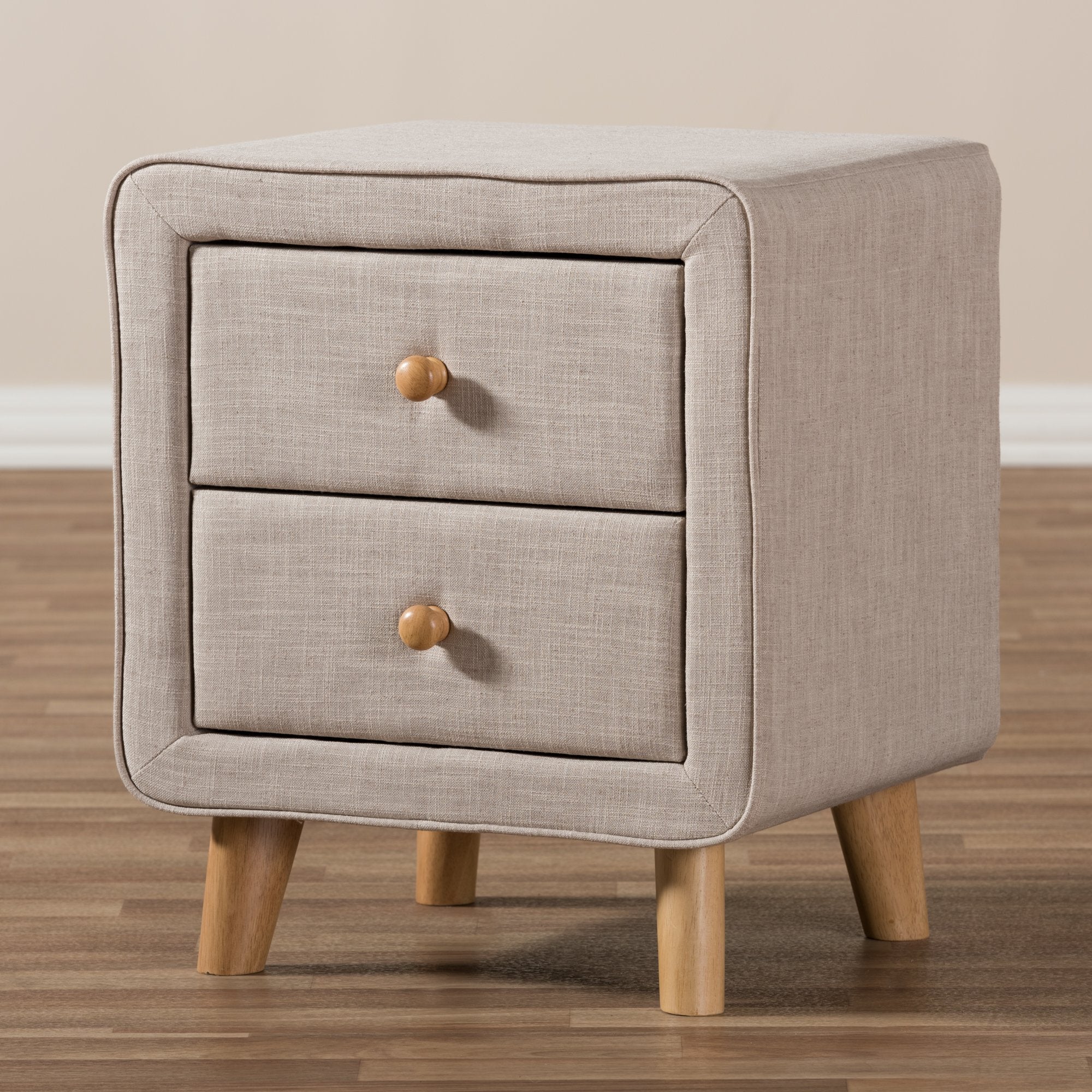 Baxton Studio Jonesy Mid-Century Beige Linen Upholstered 2-Drawer Nightstand