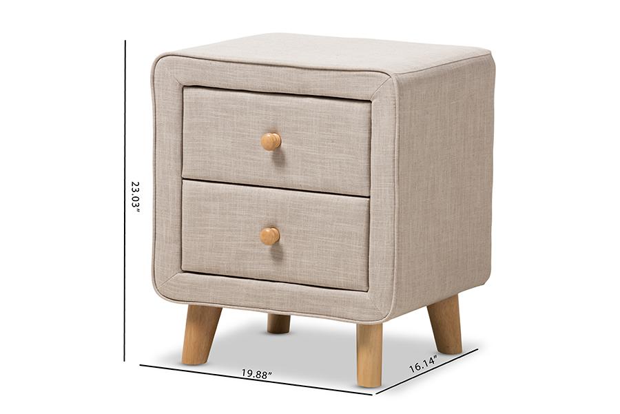 Baxton Studio Jonesy Mid-Century Beige Linen Upholstered 2-Drawer Nightstand