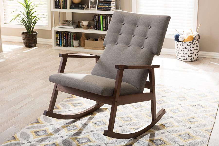 Baxton Studio Agatha Mid-century Modern Grey Fabric Upholstered Button-tufted Rocking Chair