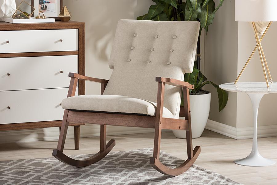 Baxton Studio Agatha Mid-century Modern Light Beige Fabric Upholstered Button-tufted Rocking Chair