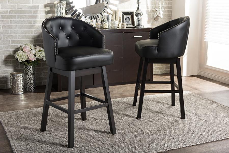 Baxton Studio Avril Modern and Contemporary Black Faux Leather Tufted Swivel Barstool with Nail heads Trim (Set of 2)