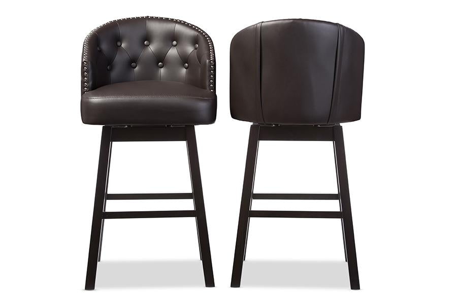 Baxton Studio Avril Modern and Contemporary Brown Faux Leather Tufted Swivel Barstool with Nail heads Trim (Set of 2)