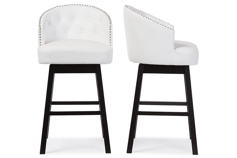 Baxton Studio Avril Modern and Contemporary White Faux Leather Tufted Swivel Barstool with Nail heads Trim (Set of 2)